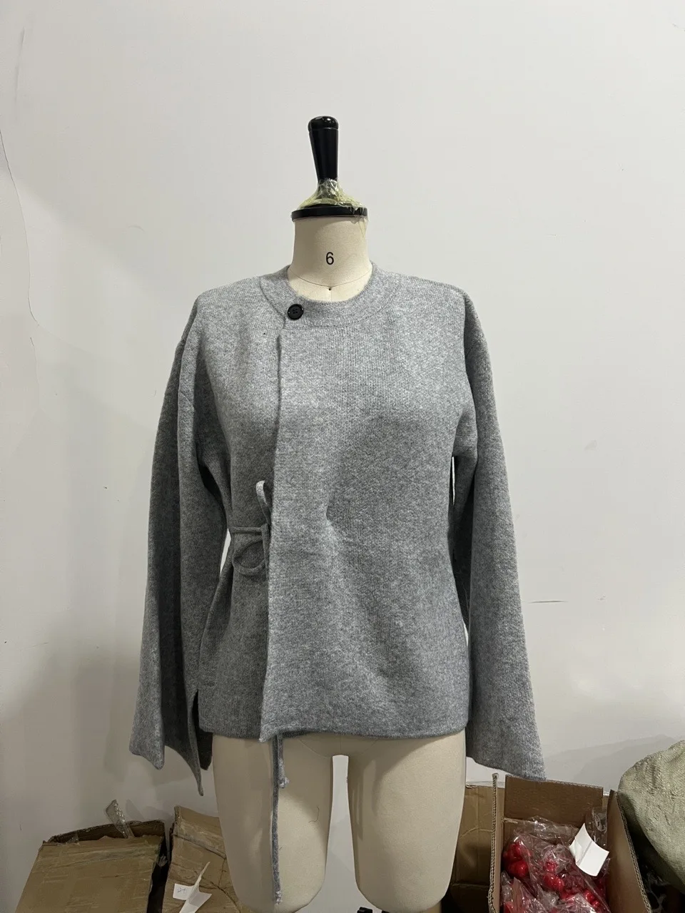 

Loose Bell Sleeve Fashion Jacket Side Waist Drawstring Design Outwear Women's 2025 New Lazy Casual Easy Match Knitted Cardigan