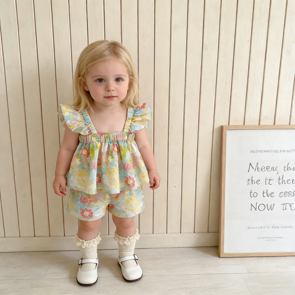 

Комплект из 2 предметов для девочки: летний хлопковый топ с цветочным принтом и шорты, одежда для девочки, милый пляжный комплект для малышей