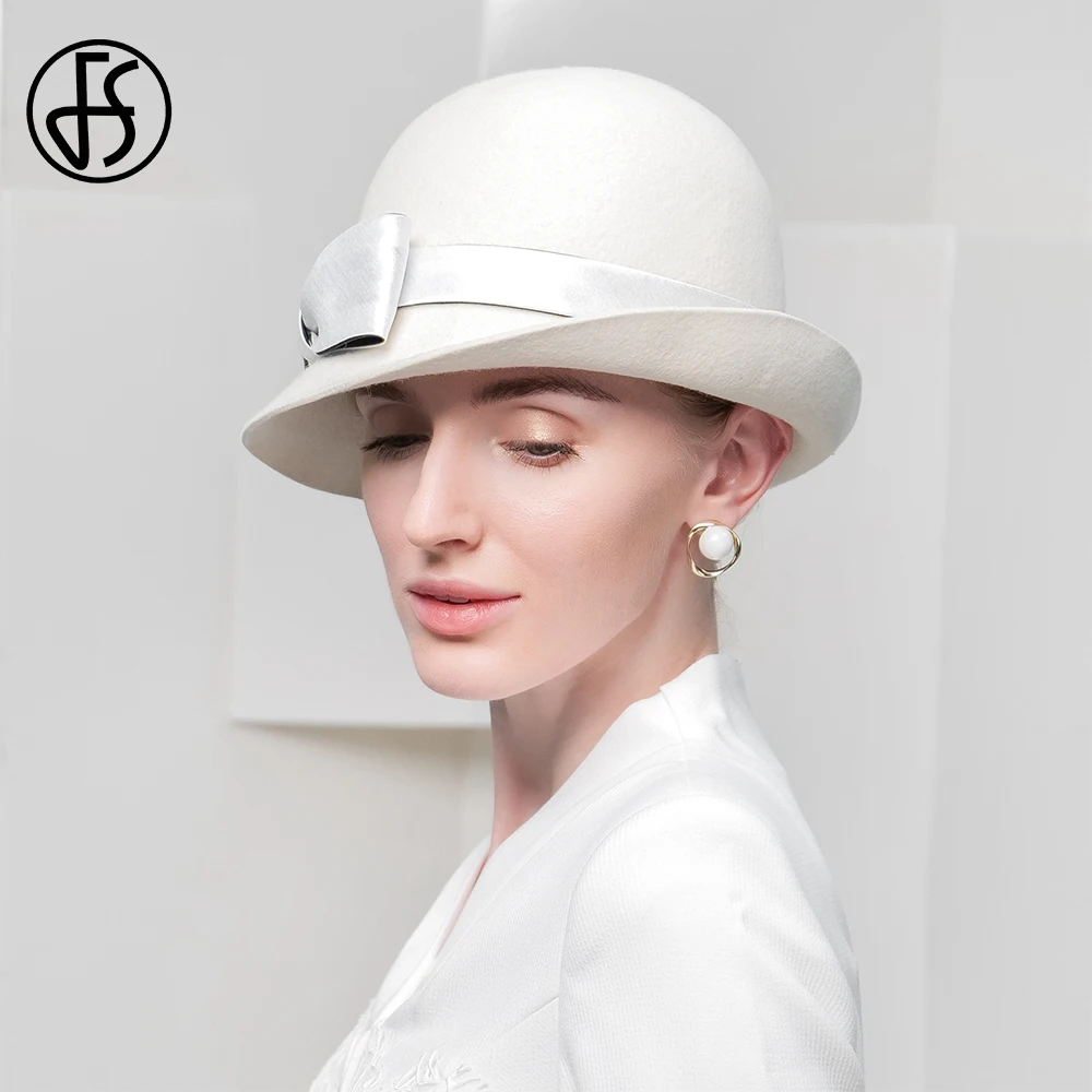 FS 2024 Curl Brim Basin Cap Ladies Winter Elegant Retro Little Top Hats For Women Shopping Trips Fedoras White Millinery