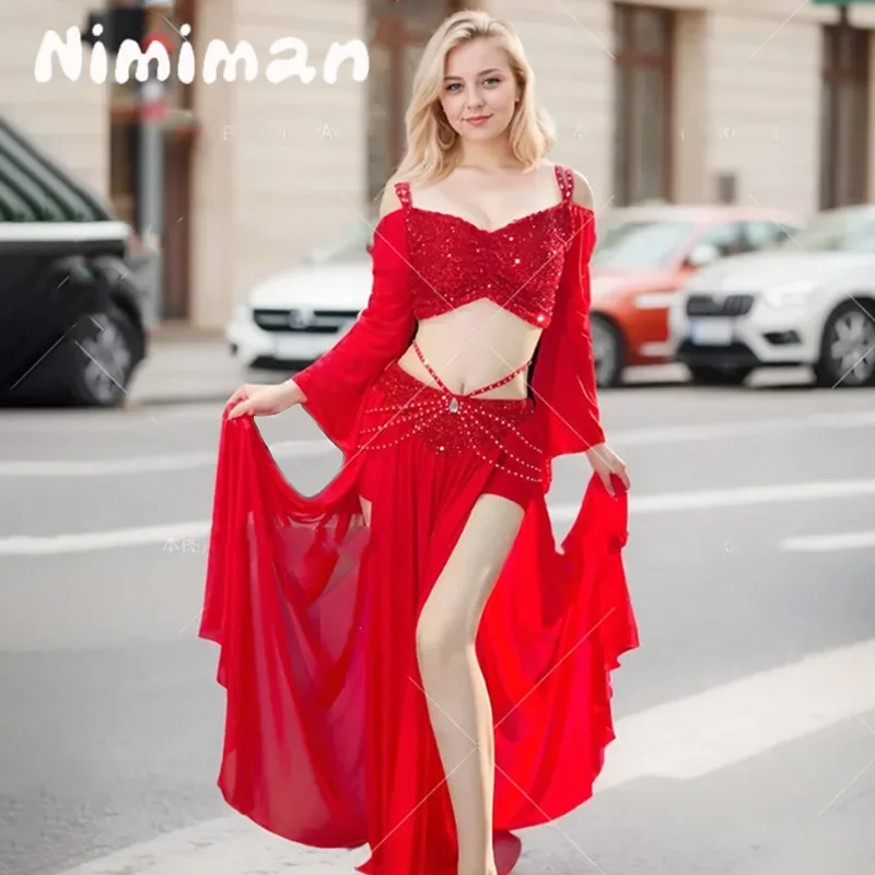 Belly Dance Costume Professional Niche Design Sequin Mesh Top + Split Skirt Suitable for Adult Women Dance Evening Dress Daily