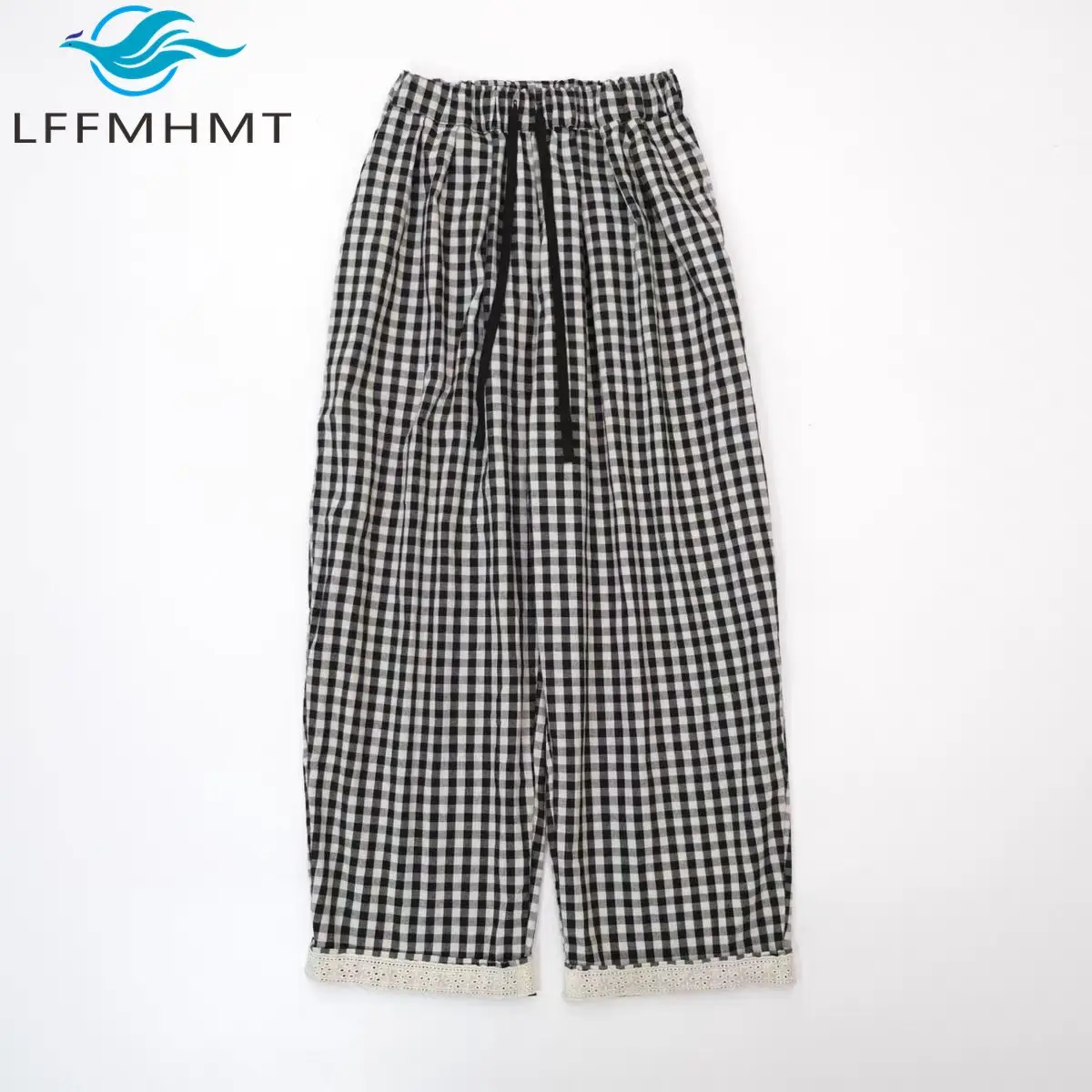 

Women's Spring Fashion Vintage Cotton Plaided Pants Female Elastic Waist Loose Casual Ankle Length Korea Style Straight Trousers