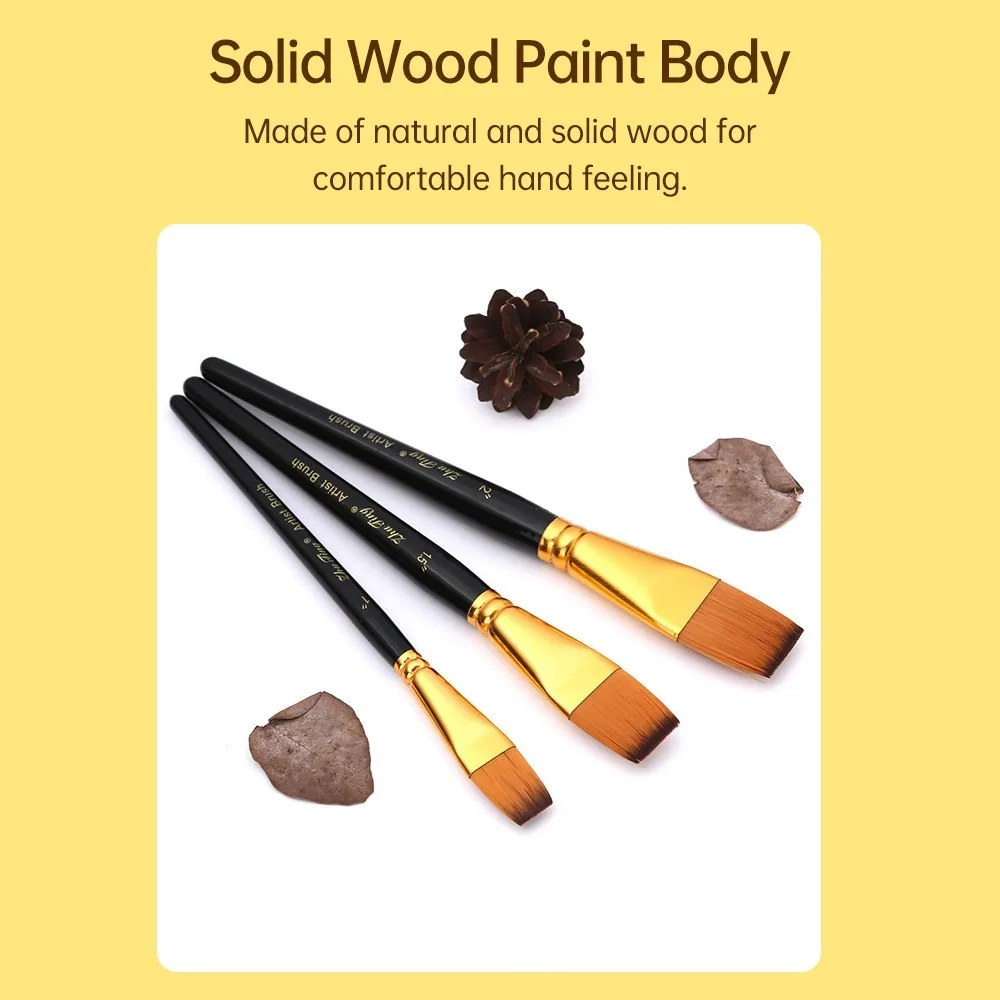 3Pcs Nylon Hair Paint Brush Set Wooden Handle Flat Shape Artist Paint Brushes Short Handle Practical Flat Paintbrush