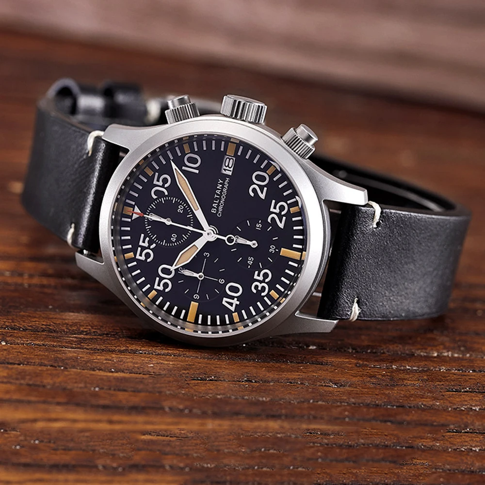 นาฬิกาทหาร39มม. ของผู้ชายนาฬิกานักบินวินเทจโครโนกราฟนาฬิกาควอตซ์ VK67สไตล์วินเทจ