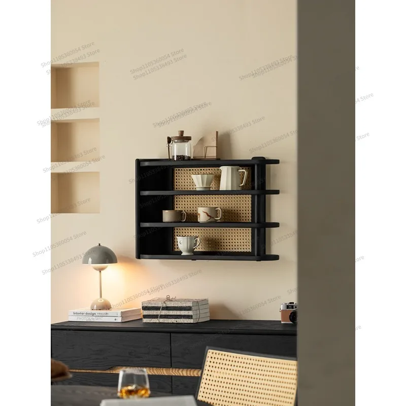 empty rattan cup holder, desktop height-increasing storage rack, tea set display rack, black ash wood rattan rack.