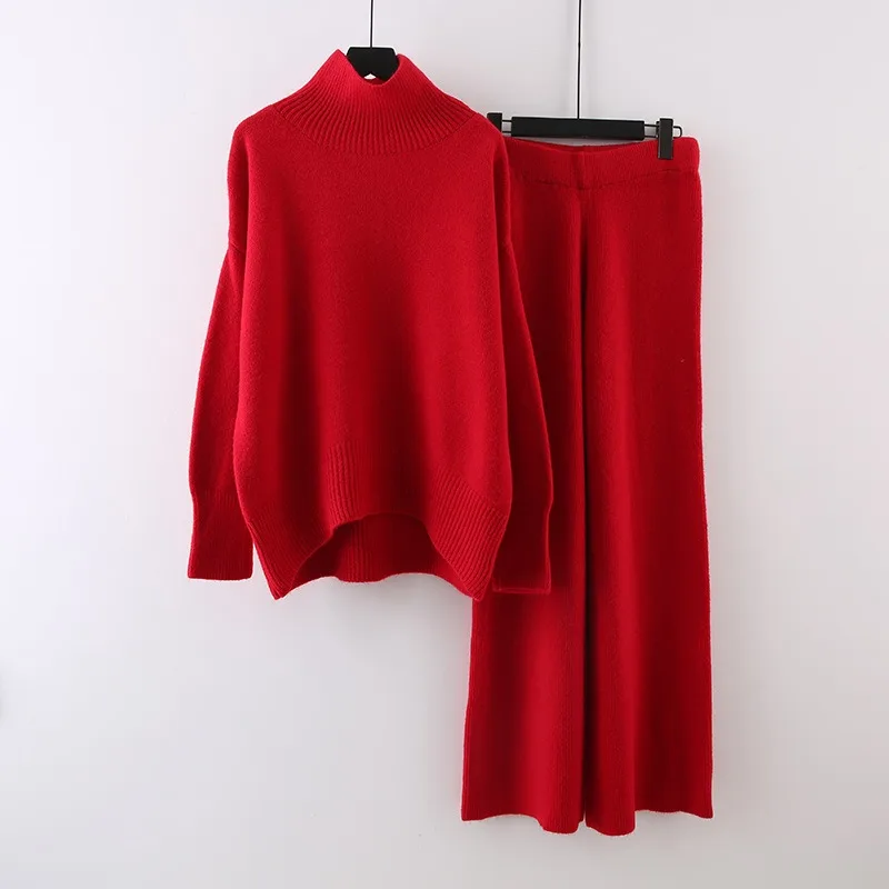 

Повседневный свободный трикотажный комплект, женский осенне-зимний костюм, новый однотонный свитер с длинными рукавами и толстым воротником, комплекты брюк с эластичной резинкой на талии, женские комплекты