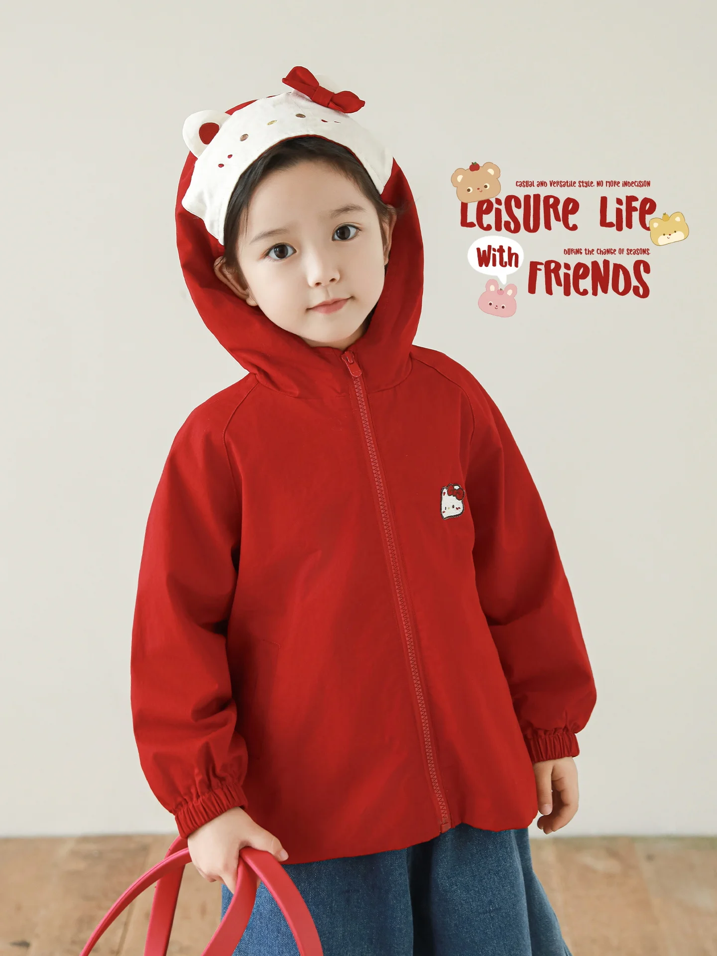 Girls Cartoon Embroidery Windbreaker 2025 Autumn Playful Cute Windproof Warm Raglan Sleeve Hooded Coat for 1-7 Years