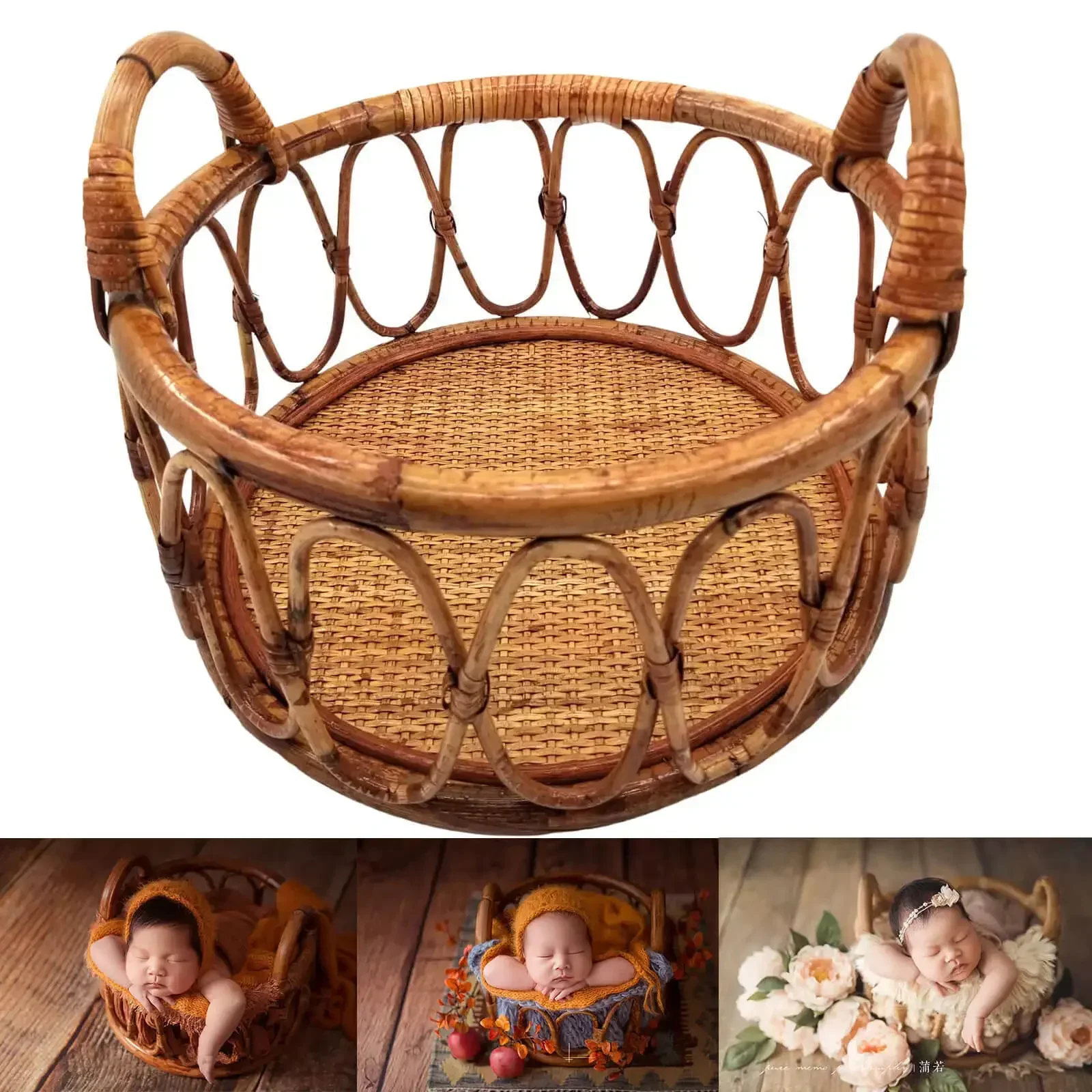 

Baby Newborn Photography Props - Round Rattan Woven Basket Practical Photo Pose Decor Backdrop Accessories for Infant Artwork