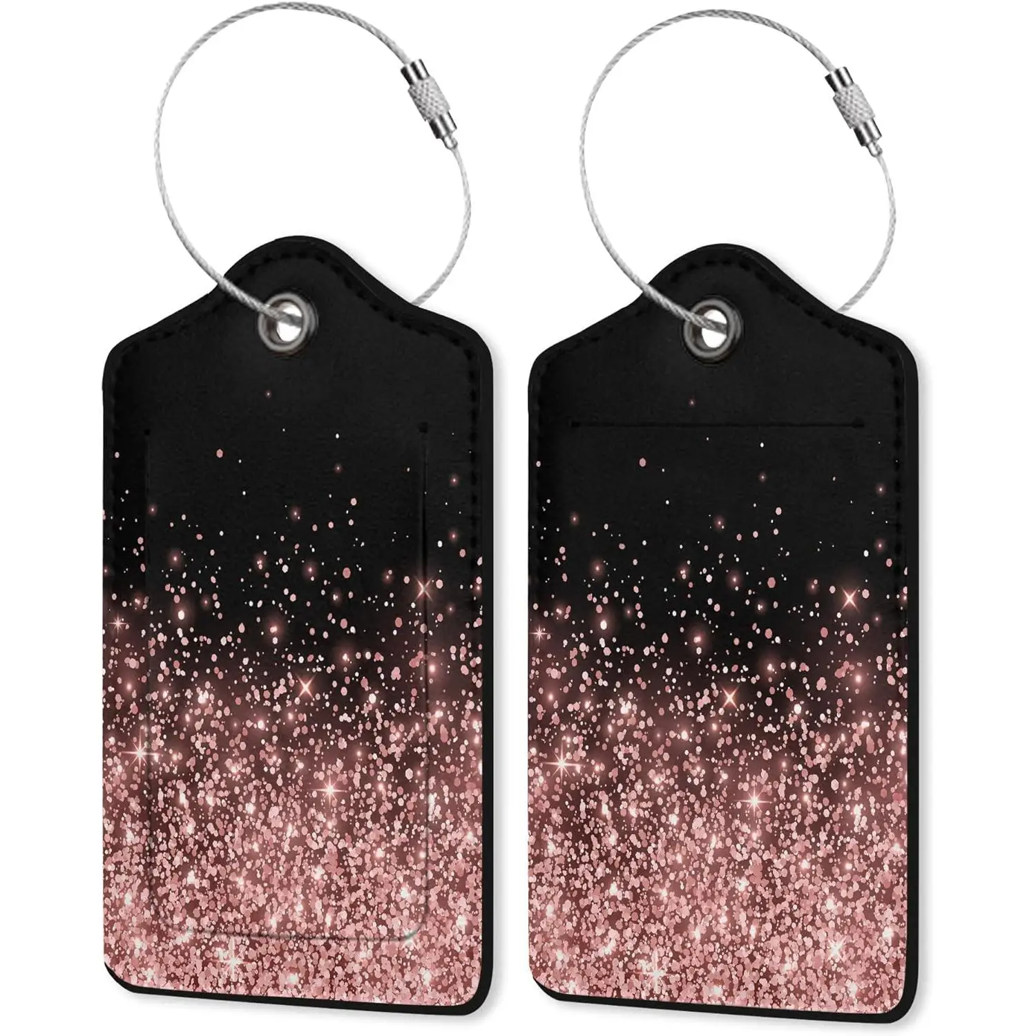 Leather Luggage Tags for Adults Teens 2 Pack Rose Gold Glitter Travel Bag Suitcase Labels with Stainless Steel Loop ID Tags Card
