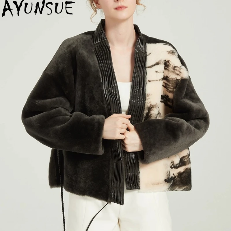AYUNSUE 天然羊皮毛皮コート女性冬服レースアップ本革ジャケット女性コートの新作暖かい Шуба Женская