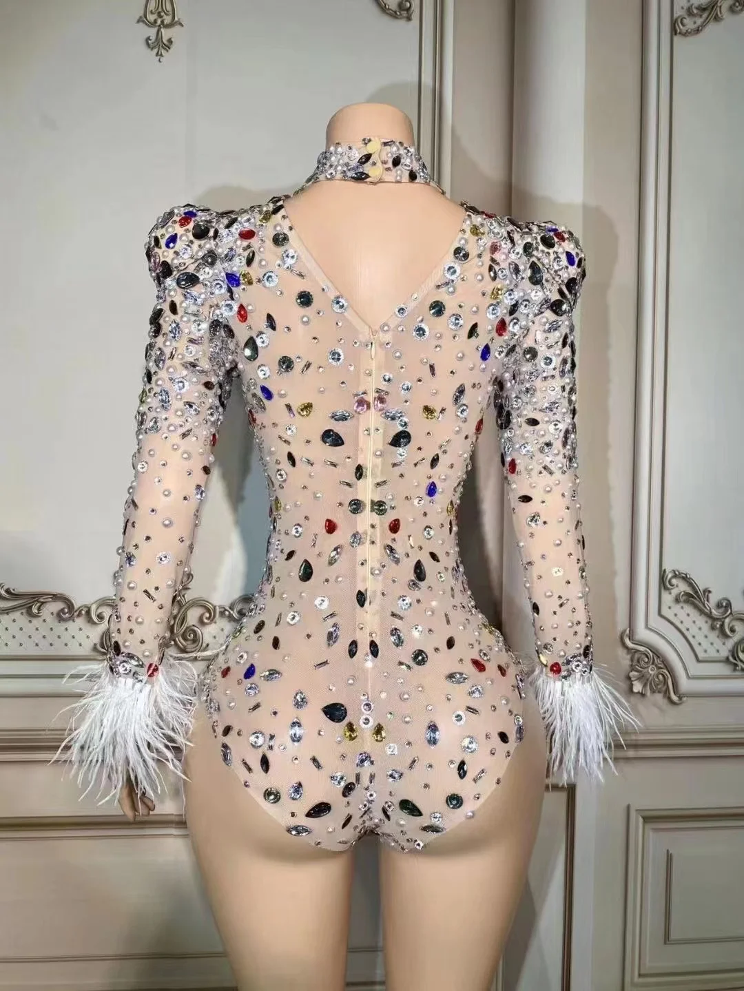 Robe longue en dentelle transparente personnalisée avec paillettes, combinaison serrée, cristal de plumes, haute élasticité, fête d'anniversaire, performance, nouveau