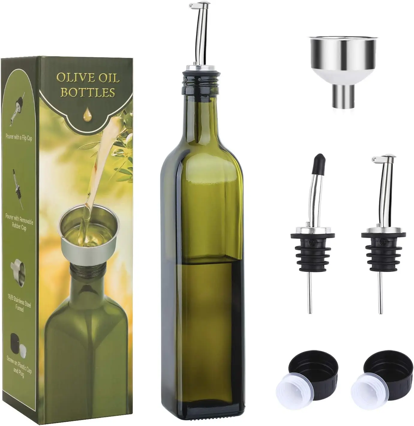 17oz Glass Olive Oil Bottle Dispenser - 500ml Green Oil and Vinegar Cruet with Pourers and Funnel - Olive Oil Carafe Decanter