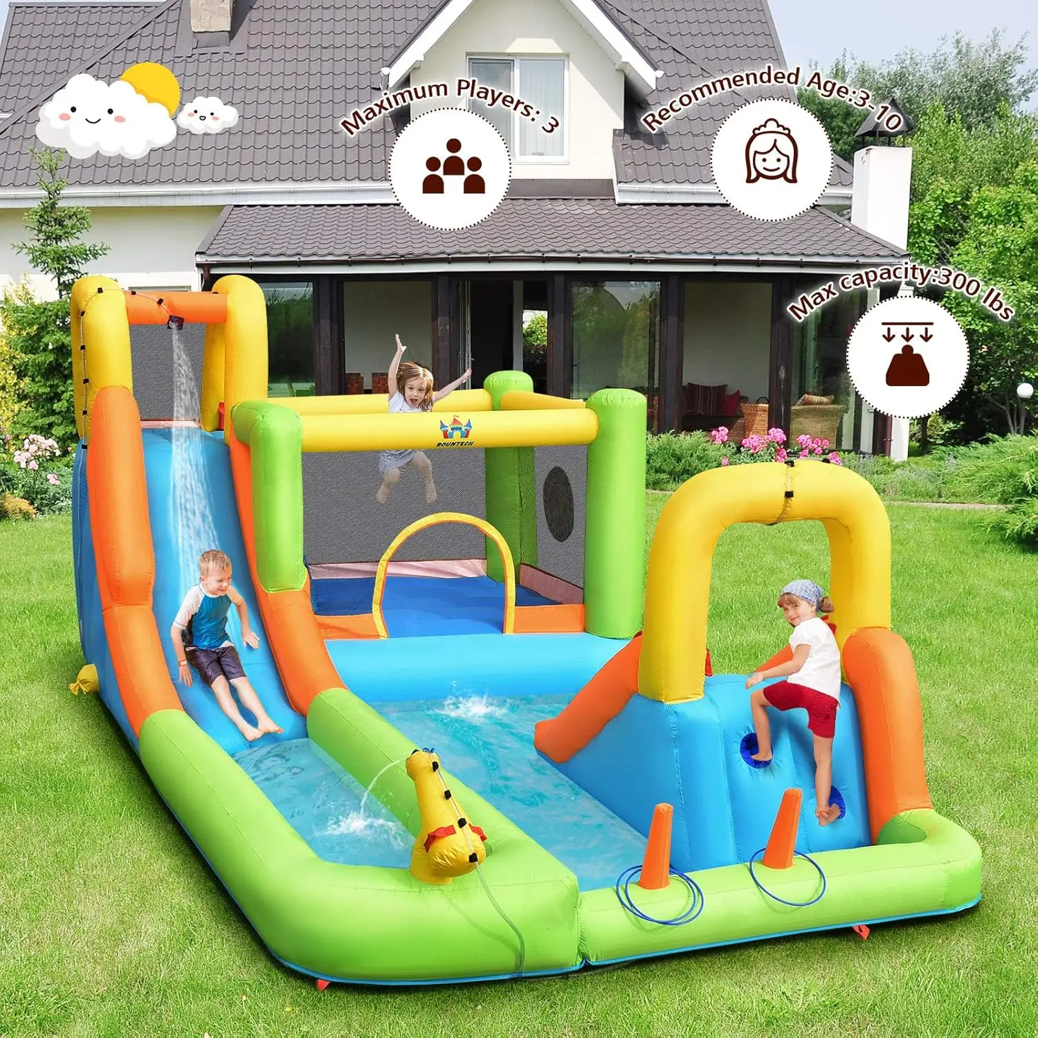 Nadmuchiwana zjeżdżalnia wodna, 8 w 1 Mega zjeżdżalnia wodna Bounce House do zabawy na świeżym powietrzu W/950w dmuchawa, długa zjeżdżalnia, basen plusk, woda S