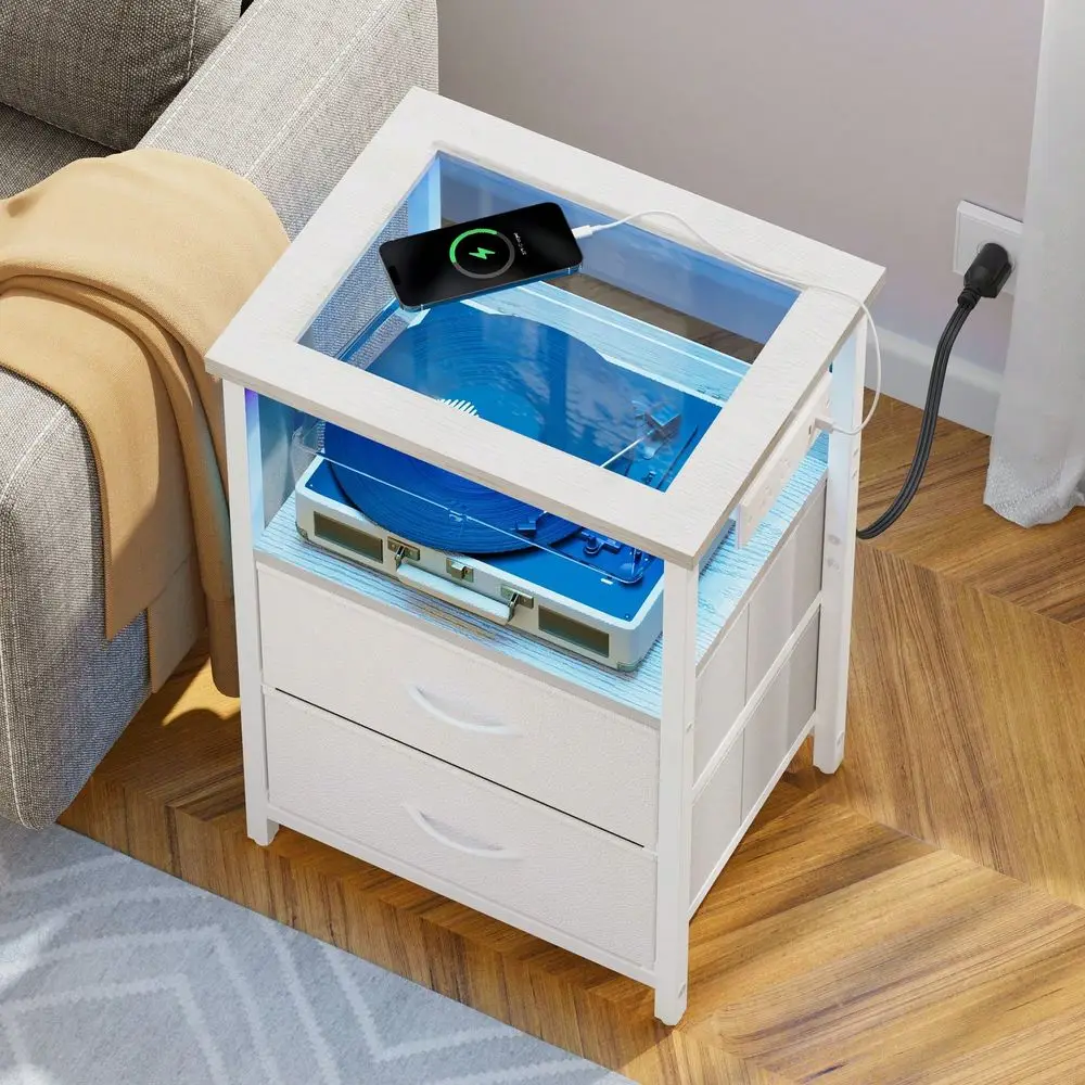 

2 Drawers Night Stand With Charging Station Glass Top, LED Nightstand With Enhanced Glow For USB Ports And Outlets, Bedside Tab