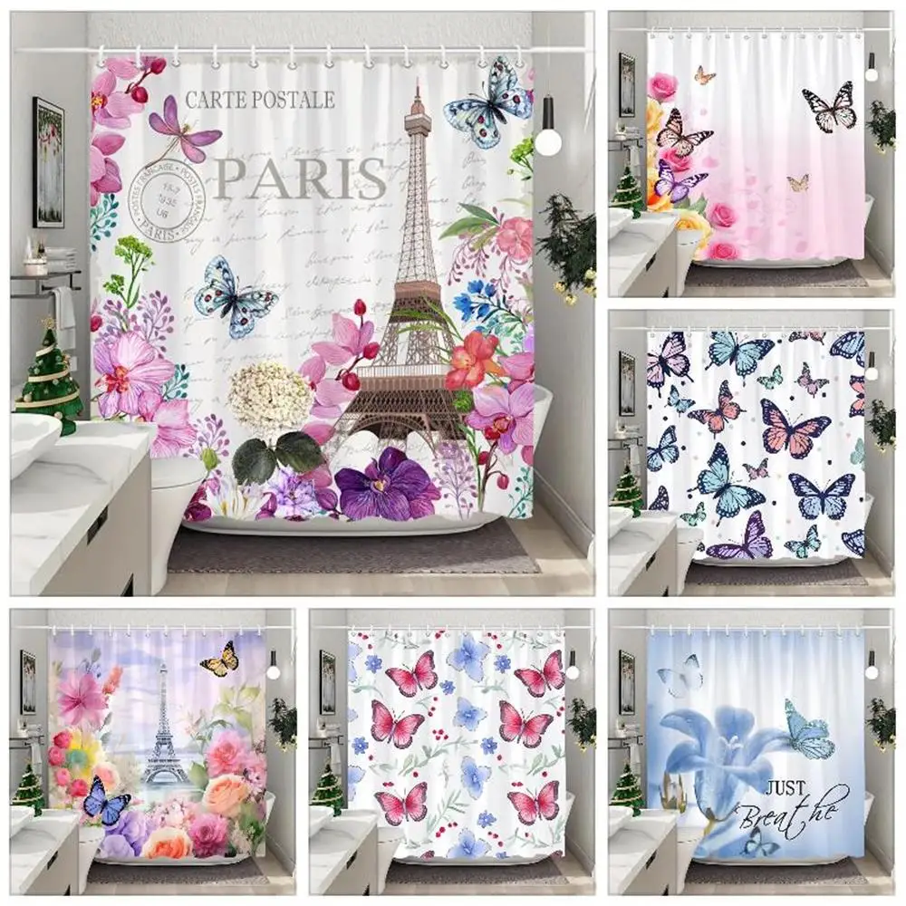 Beautiful Butterfly Paris Tower Shower Curtain Botanical Floral Colourful Printed Washable Shower Curtain Bathroom Decoration