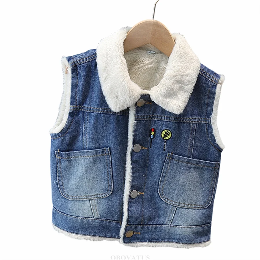 

Children Thermal Denim Vest Warm Sleeveless Jacket with Car Embroidery Baby Boy Girl Casual Waistcoat Kids Autumn Winter Outfit