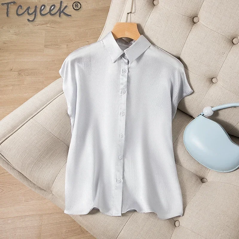 Tcyeek 100% Mulberry Silk Shirt for Women 2024 Elegant Women\'s Shirts Summer Clothes Short Sleeve Top Casual Рубашка Женская