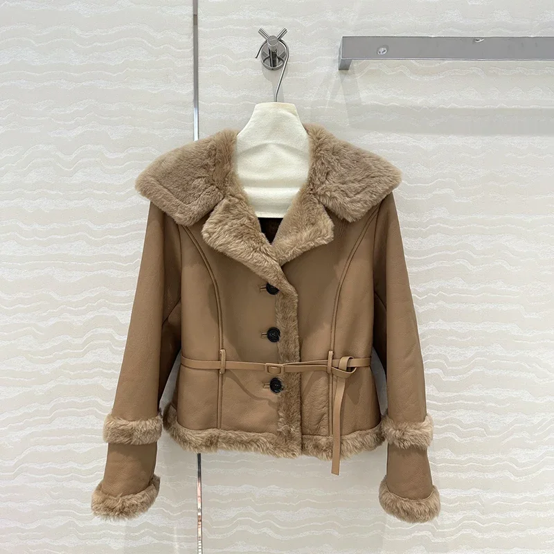 2024 AW Autumn New Cashmere Tweed Jacket Women Khaki Vintage Lapel Lace Up Leather Jacket Luxury Brands Women\'s Coats Short