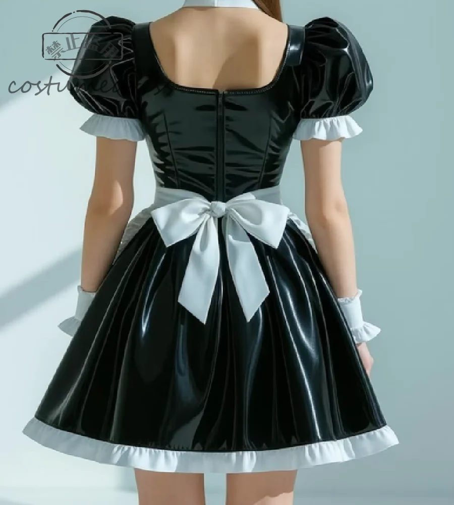 فستان خادمة أسود كلاسيكي لالتقاط الصور مع مريلة مثيرة قصيرة من مادة PVC فستان سهرة قوطي للهالوين زي حفلة موسيقية وحفلات الكوكتيل #2