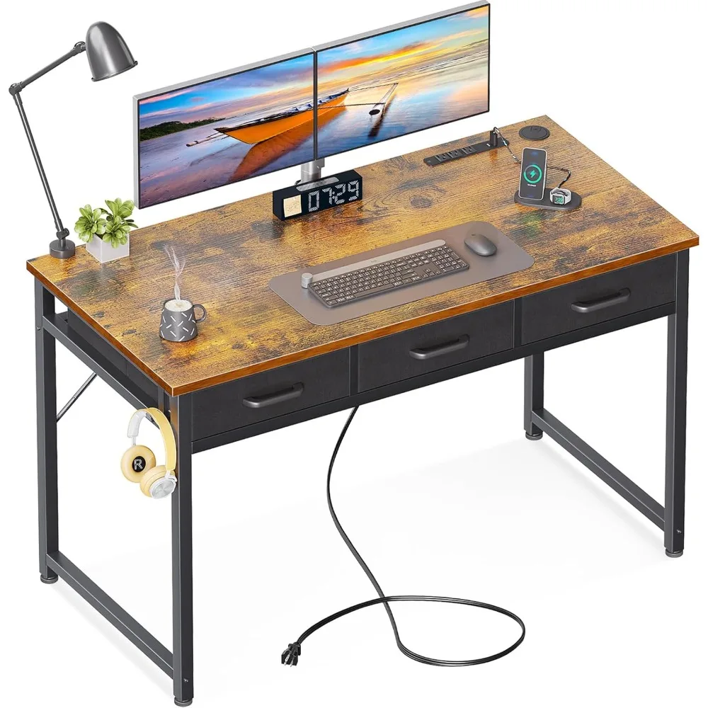 

48 Inch Computer Desk with 3 Fabric Drawers, Office Desk with USB/Type-C Charging Ports & Power Outlets, Vanity Desk with Iron