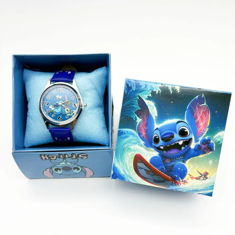 Disney Stitch Anime Watch with Box Kawaii Mickey Mouse Minnie Frozen Color Box Children's Watch Cartoon Kids Christmars Gifts