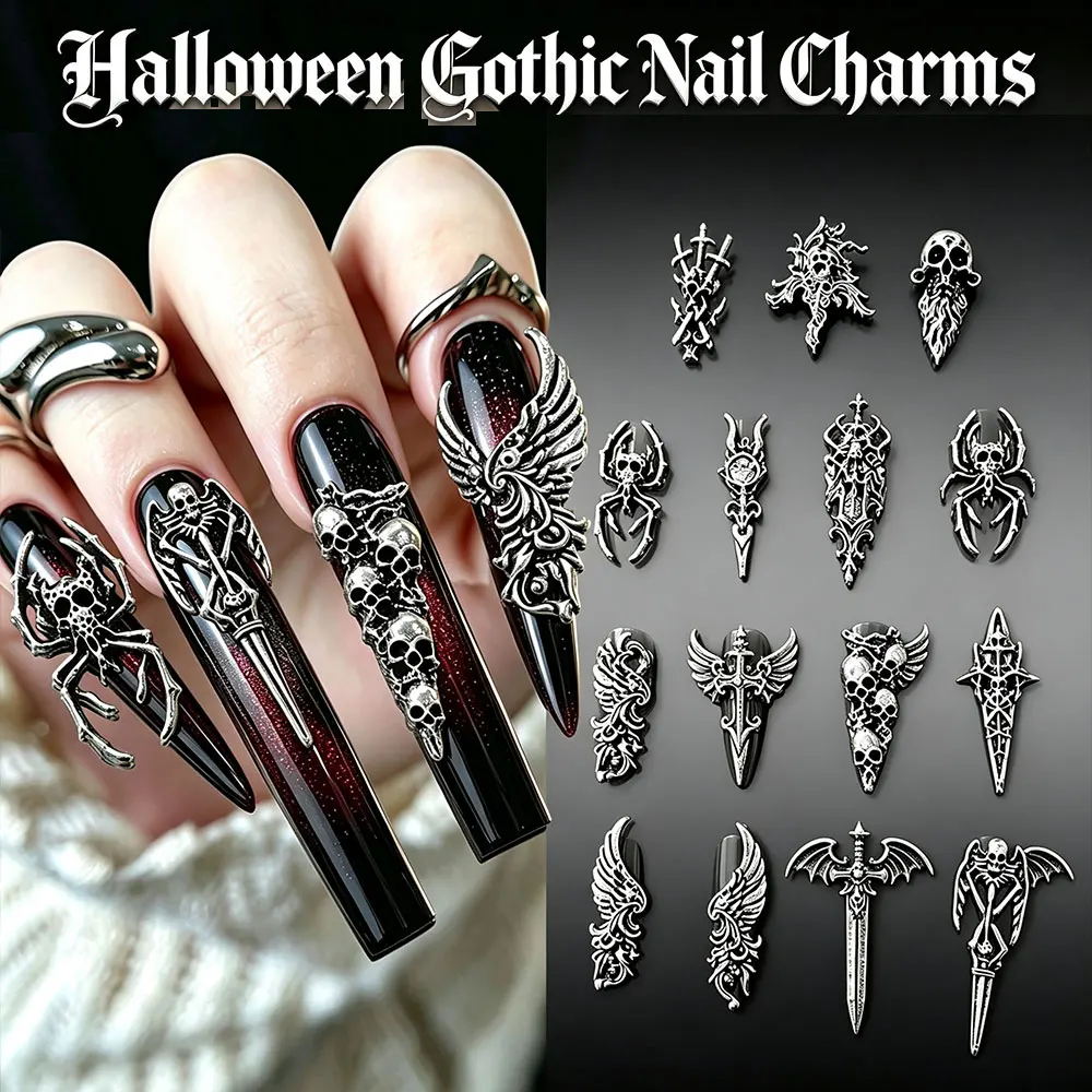 10Pcs Halloween Gothic 3D Alloy Silver Nail Charms Punk Skull Spider Skeleton Wing Nail Metal Decoration DIY Manicure Supplies