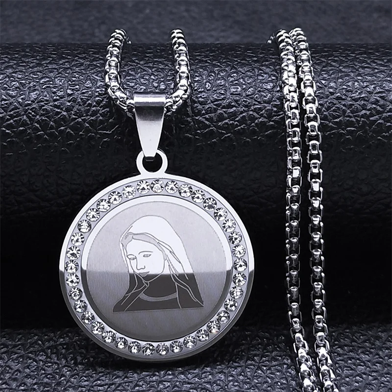 Religious Virgin Mary Pendant Amulet Necklace Stainless Steel Christian Prayer Medal Our Lady Necklaces for Women Collar Jewelry