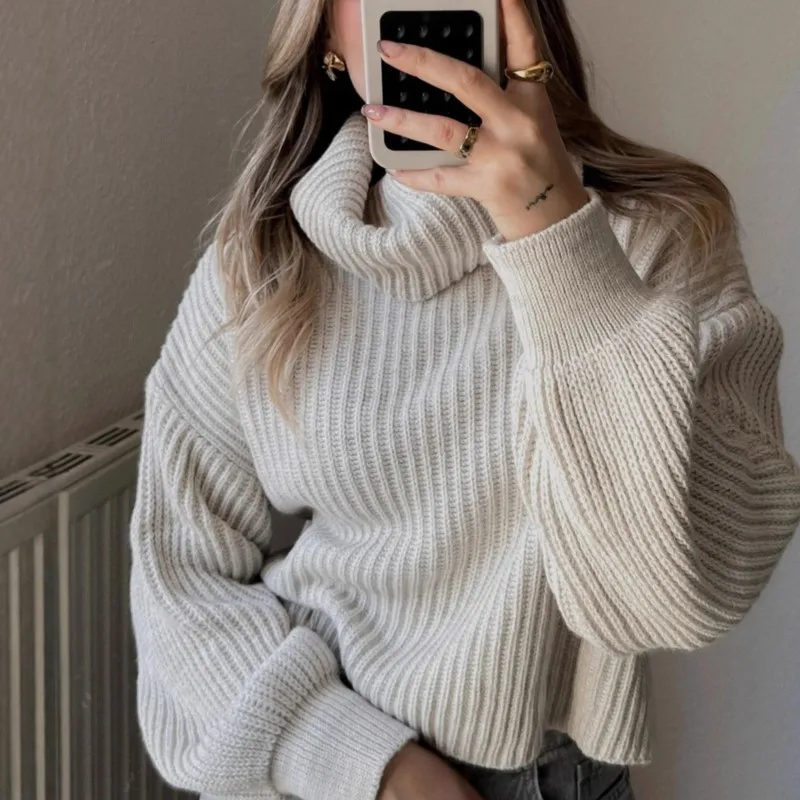 

2025 повседневные женские вязаные топы, осень-зима, новая мода, однотонная водолазка, свободный пуловер с длинными рукавами, свитер