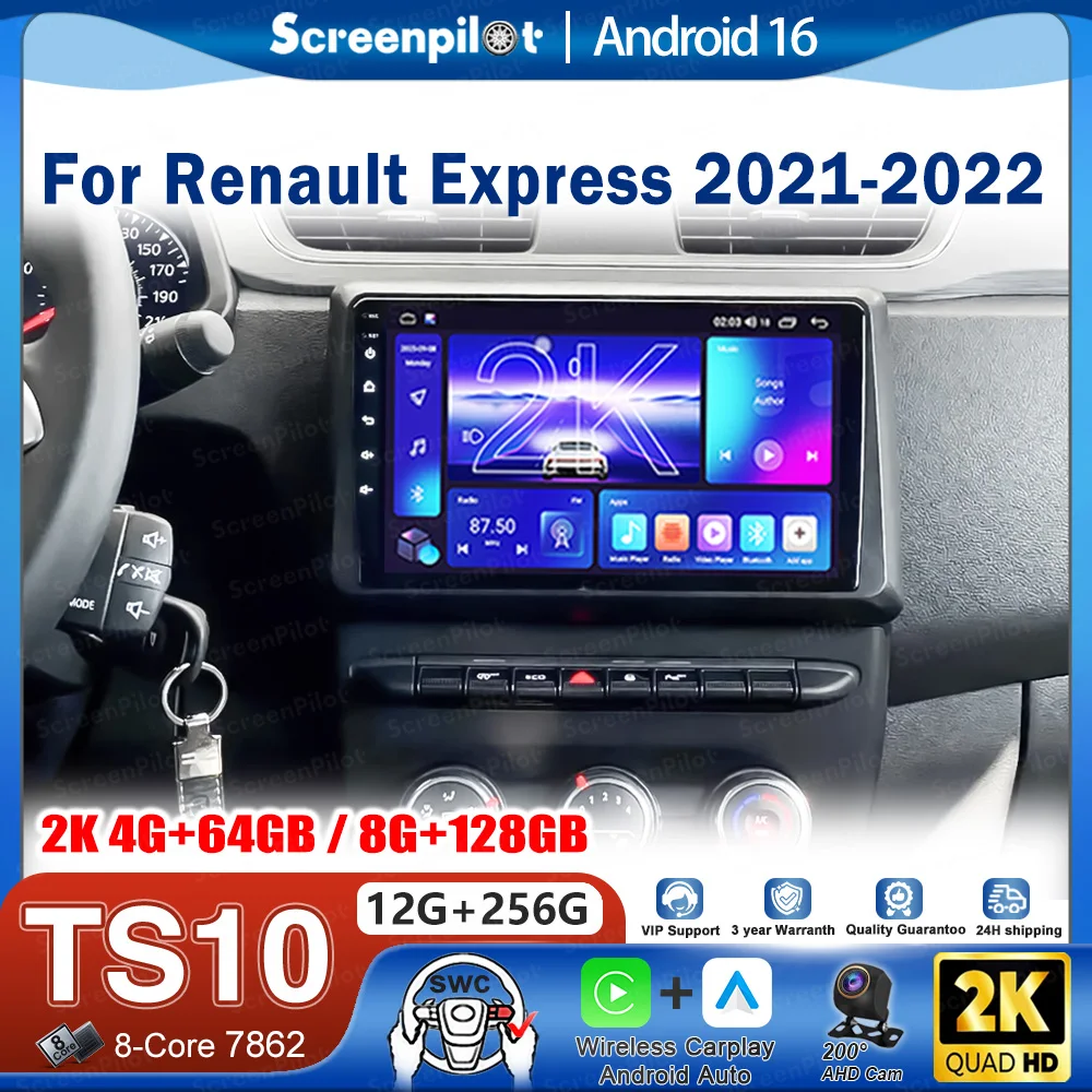 Android 16 For Renault Express 2021-2022 Car Radio Stereo Head Unit CarPlay Auto radio Touch Screen Wifi 8 Core GPS 2K QLED BT