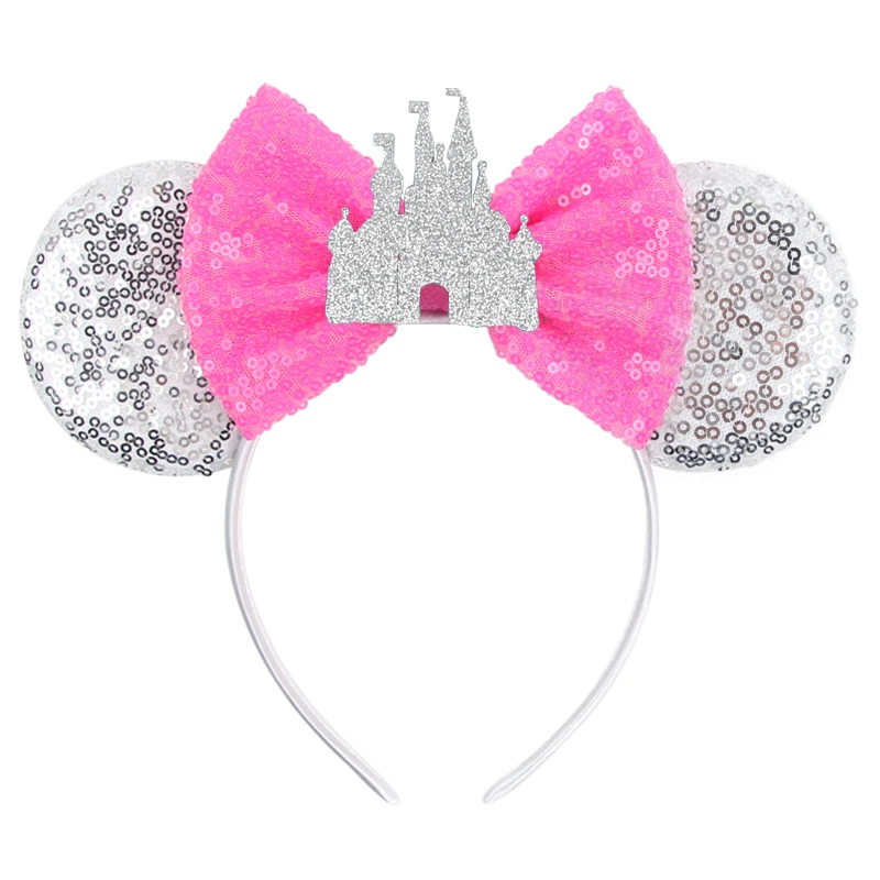 2023 Shiny Castle Mouse Ears Headband Sequins Crown 5IN Bow Hairband For Girls Princess Featival Party DIY Hair Accessories