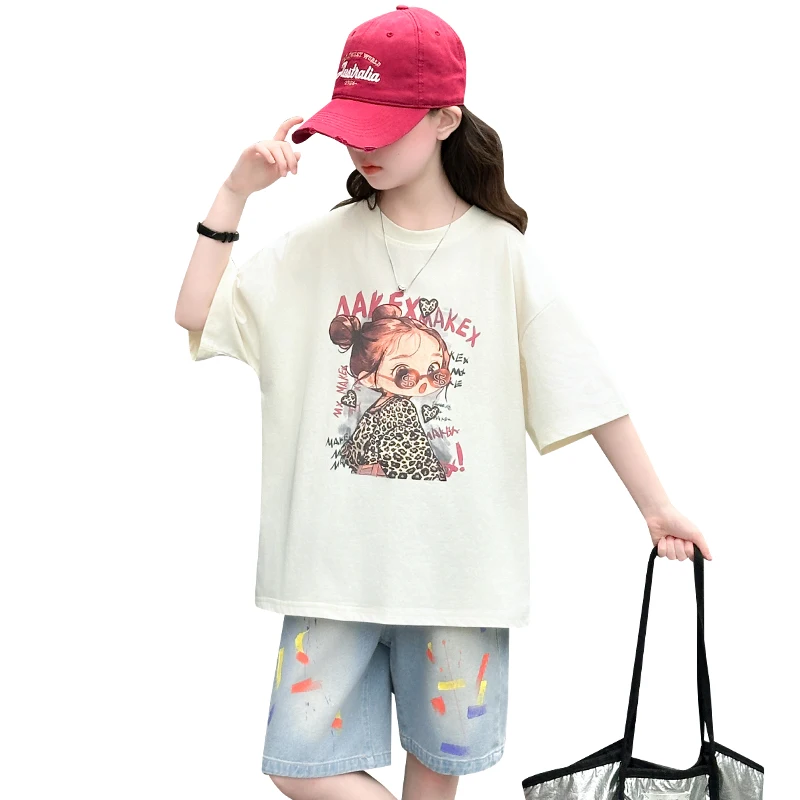

Fashion Children Summer Tracksuit for Teen Girl Casual Outfit 2 Pieces Top and Bottom Clothes Set Kids Cartoon Clothing Suit
