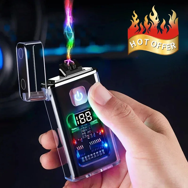 Stylish USB Rechargeable Electric Lighter Cool Windproof Dual ARC Plasma Lighters for Men Outdoor Camping Gadgets Fire Starter