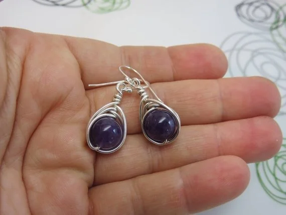 Purple amethyst earrings sterling silver wire wrapped gemstone February birthstone herringbone
