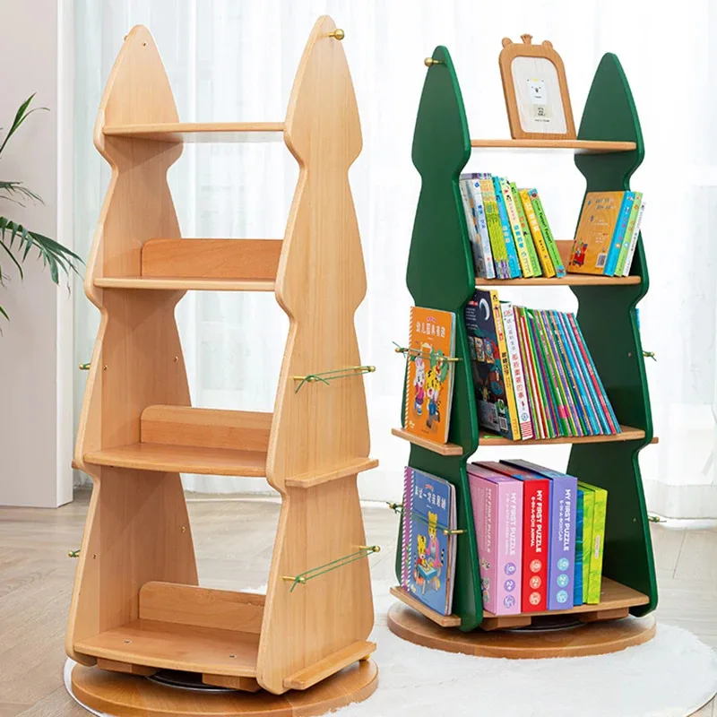 Children Bookshelf Picture Bookcases Solid Wood Storage Learn Multi-layer 360° Solid Wood Rotating Bookcase Furniture WKBC