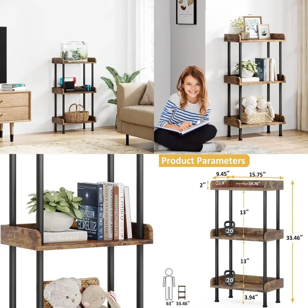 

Rustic Brown 3-Tier Wooden Industrial Bookshelf - Metal Frame Display Rack for Home & Office