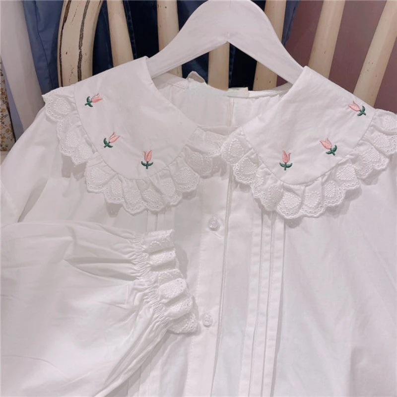 2024 Flower Jk Shirts Women Kawaii Peter Pan Collar Japanese Style Lolita White Lace  Blouse Student Top Daily Sweet Fashion