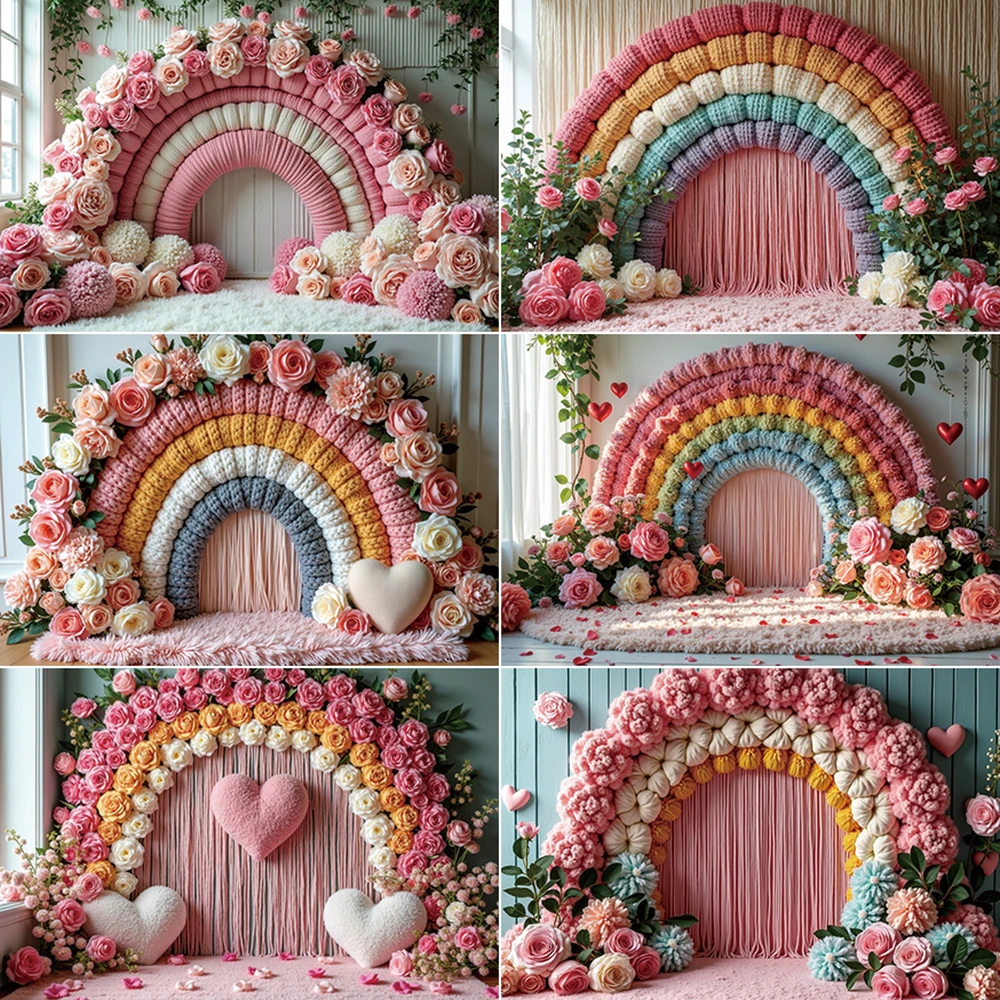 

MOON.QG Pink Fabric Valentines Photography Background Carpet Rainbow Arch Rose Photozone Backdrop Baby Studio Photozone Props