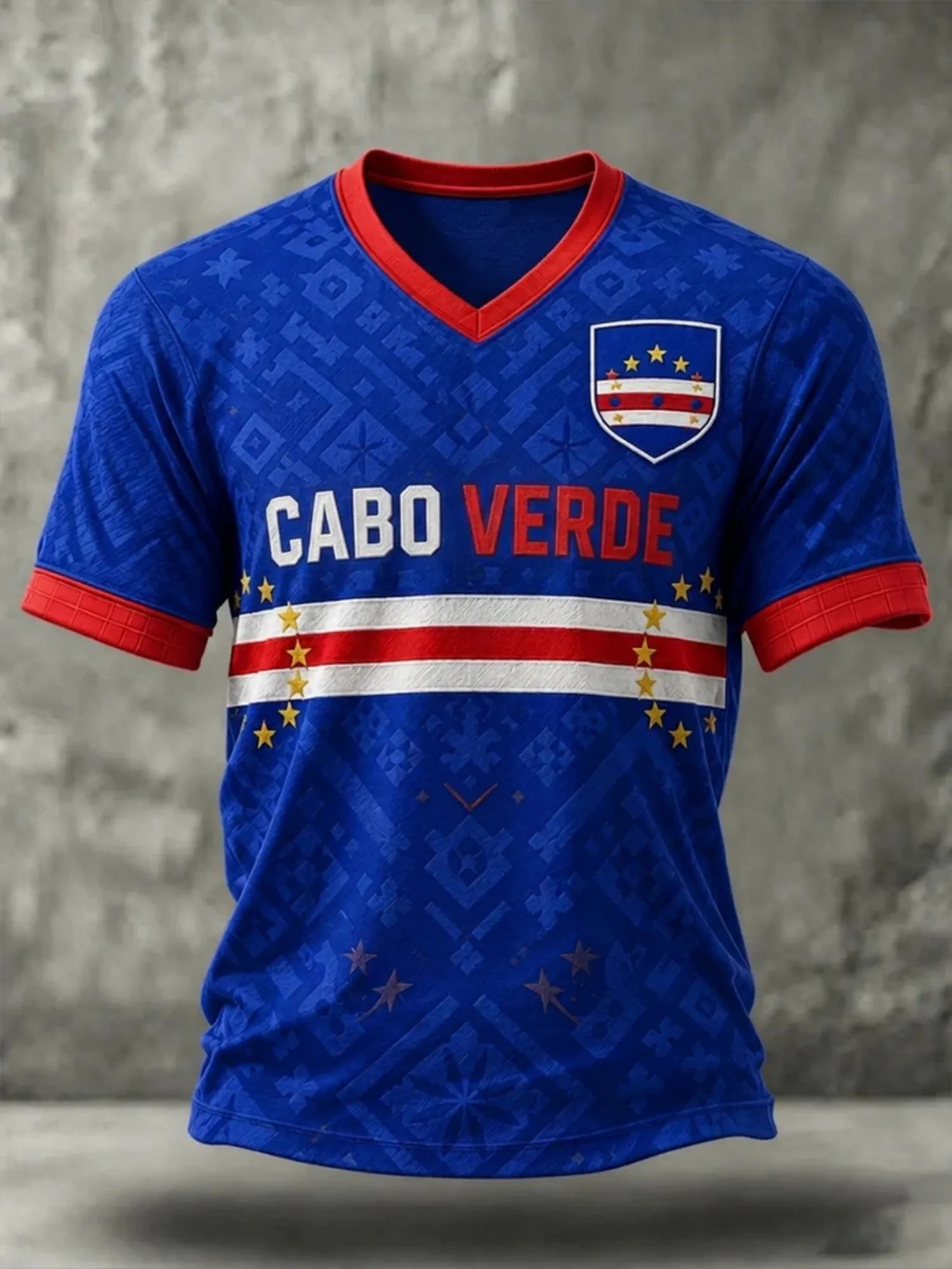 Women T-Shirt Cabo Verde 2026 Royal Blue Soccer Graphic V Neck Short Sleeve Jersey Tee With Gold Crest Stars And Island Print