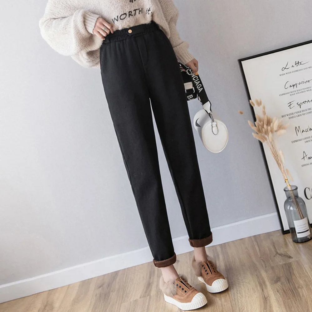 Plush long casual and minimalist pants women 2025 autumn and winter new Korean version plush loose Harun pants women clothing
