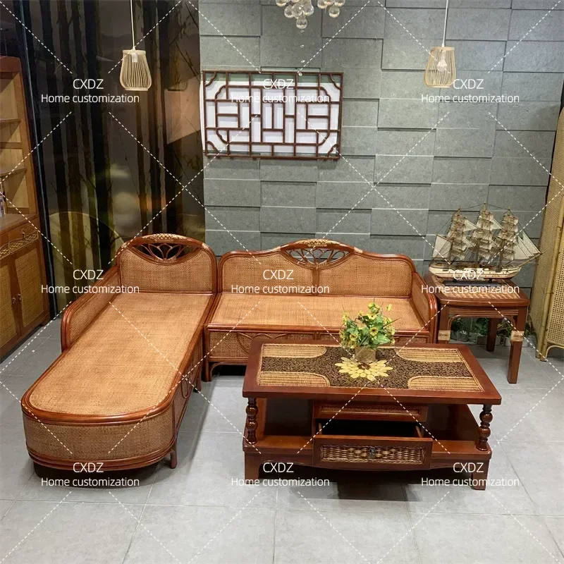 Natural Rattan Sofa Set 5 Piece Indoor Living Room Furniture Three Seater Corner Couch Wicker Sectional for Home Decor