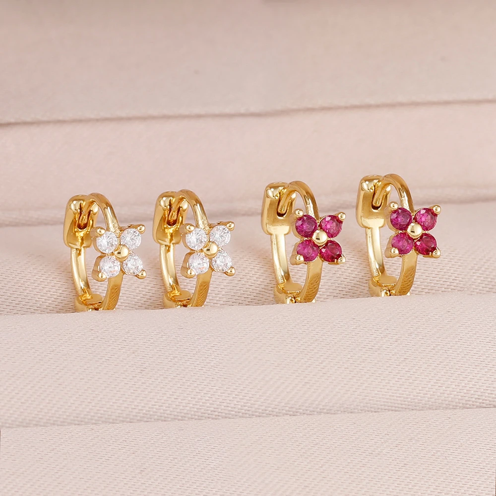 Fashion Cubic Zirconia Four-Petal Flower Hoop Earrings for Women Gold Plated Stainless Steel Huggies Earring Piercing Jewelry
