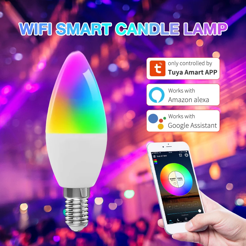 WiFi Smart LEDLight Bulb E14 Candle Lamp 16Million RGBCCT 2700-6500K Dimmable Candelabra Light Tuya Alexa 90-250V 6W