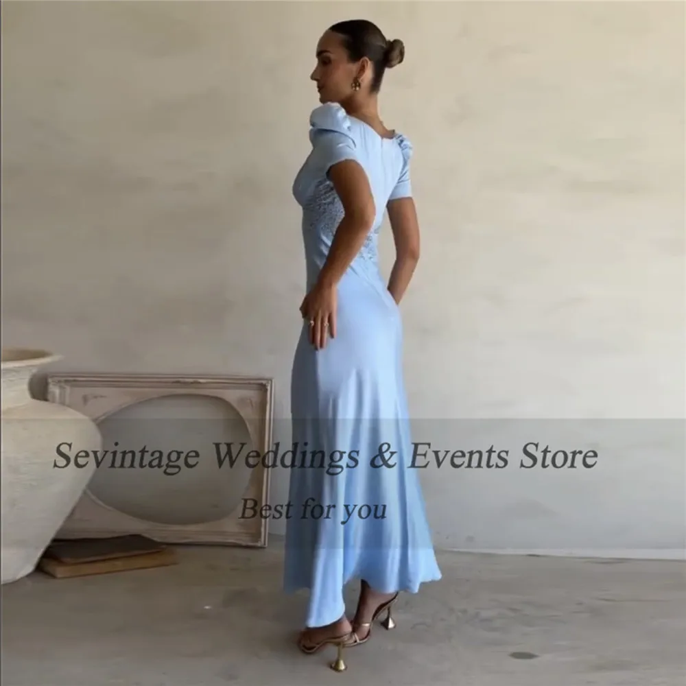 Sevintage Elegant Baby Blue Mermaid Prom Dress Satin Deep V-Neck Lace Ankle Length Sheath Evening Dress vestido de gala 2024