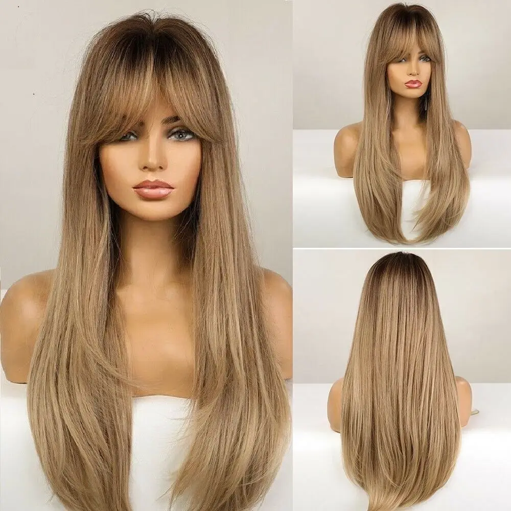 Long Straight Ombre Brown Synthetic Wig with Bangs for Women Wigs Fanshion Daliy