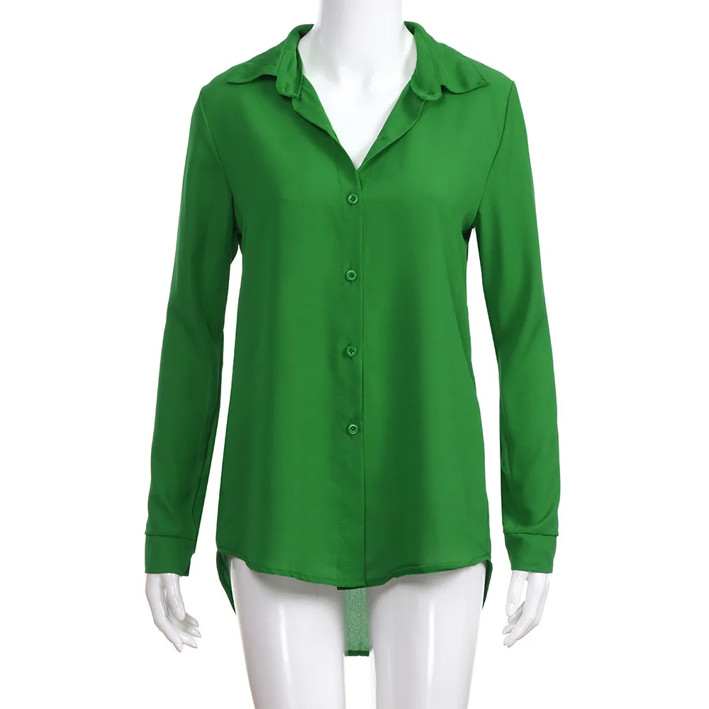 Women Solid Green Blouse Tops Office Lady Work Chiffon Button 2024 Summer Short Sleeve Female Blouses Shirts Femme