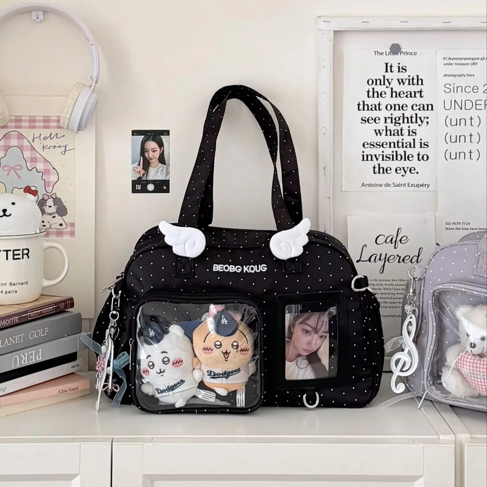 Japanese-Style INS Minimalist Solid-Color Fashion Shoulder Bag, Polka-Dot Wing-Decorated Cute Ita Bag (Shoulder & Crossbody) image 3