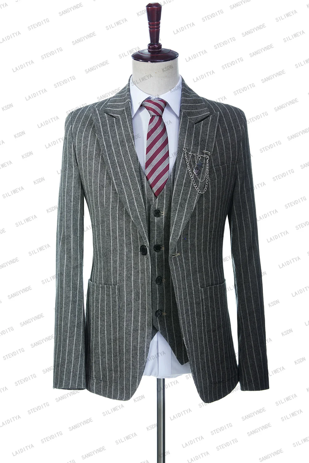 2023 New Suits For Men 3 Pcs Casual Slim Fit Summer Grey Linen White Stripe Blazer Vest Pants Set Formal Wedding Tuxedos Groom