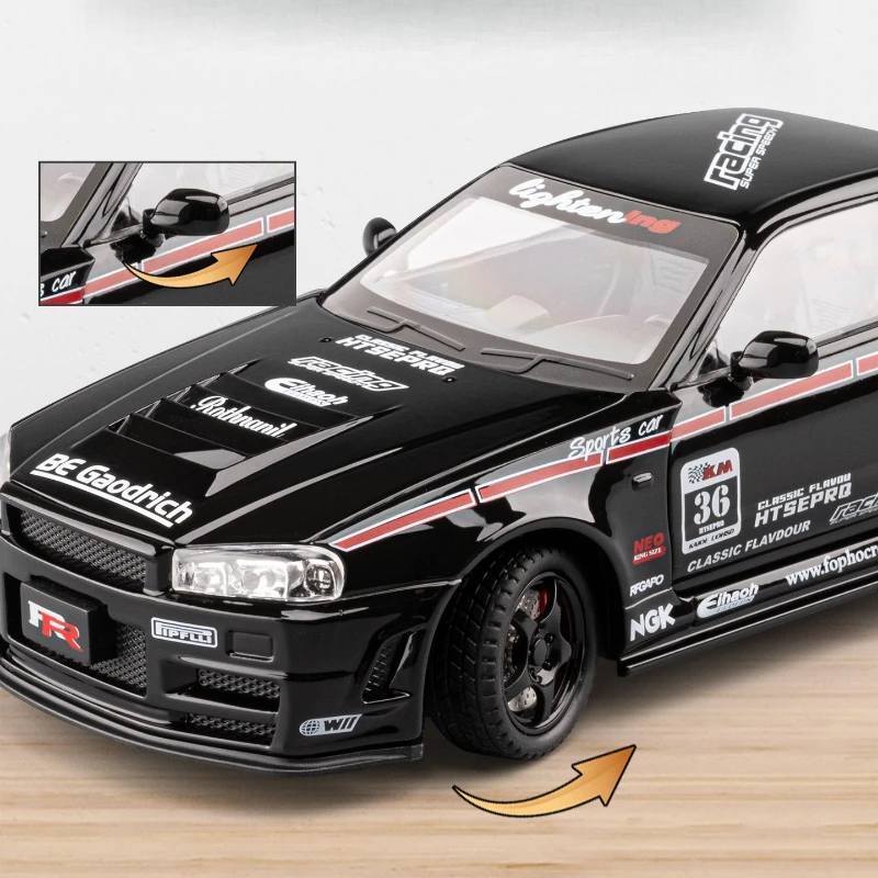 Modèle de voiture de sport GTR R34 1:24, en alliage moulé sous pression, véhicules jouets en métal, modèle de voiture, Simulation sonore et lumineuse, jouets pour enfants, cadeau
