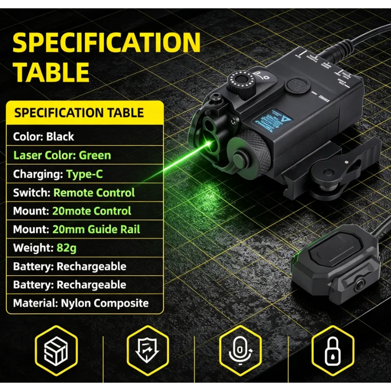 Calibratable Green Beam Laser Unit with External Remote Switch Type-C Rechargeable Hobby Mod Parts Compatible with Guide Rail