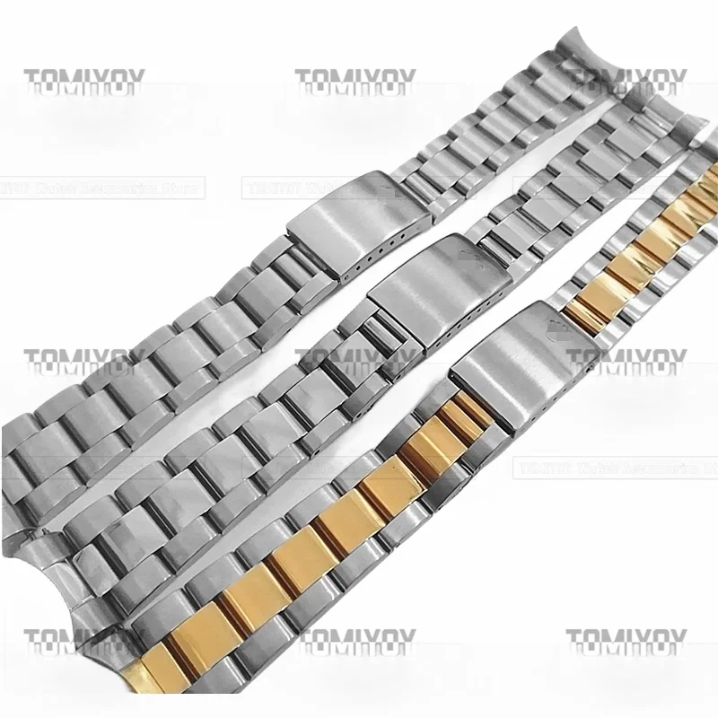 13มม. 17มม. 18มม. 19มม. 20มม. 21มม. ปลายโค้งสีทองพร้อมหัวเข็มขัดพับเต่าหลังสายสแตนเลสเหมาะสำหรับ Rolex Datejust