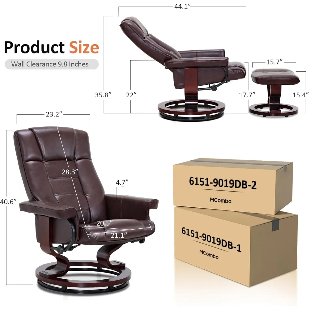 Poltrona reclinável giratória manual com otomano, conjunto de cadeira otomana para espaços pequenos RV, sala de estar, quarto, escritório 9019 4919 (couro falso
